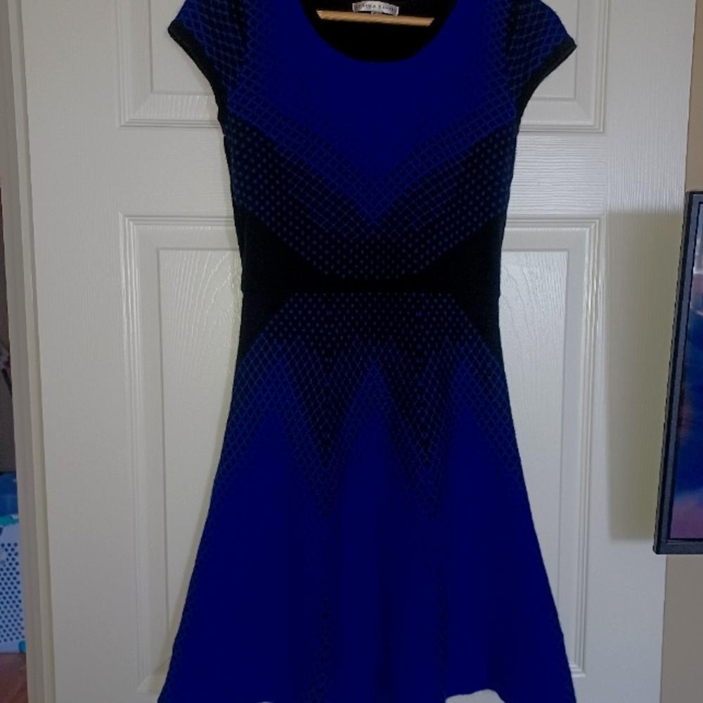 Black and blue short sleeve sweater dress.